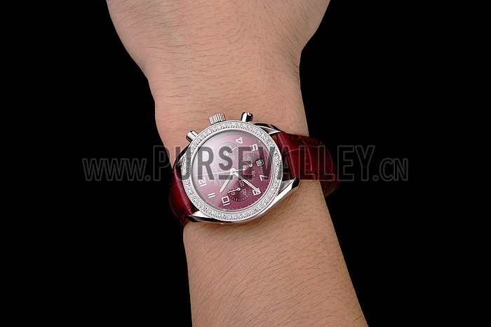 Omega Speedmaster Burgundy Dial Stainless Steel Case Diamond Bezel Burgundy Leather Strap