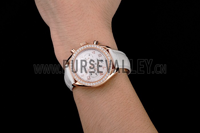 Omega Speedmaster White Dial Rose Gold Case Diamond Bezel White Leather Strap