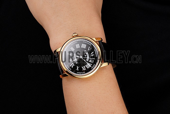 Swiss Cartier Rotonde Annual Calendar Black Dial Gold Case Black Leather Strap