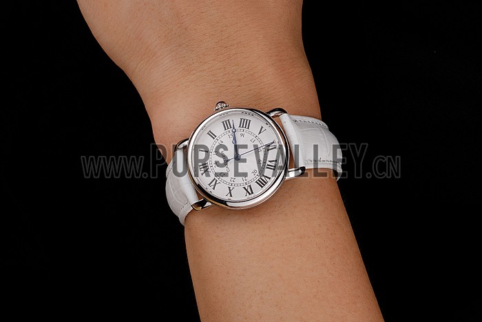 Cartier Ronde White Dial Stainless Steel Case White Leather Strap