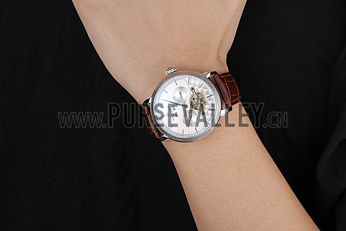 Patek Philippe Day Date Tourbillon White Dial Stainless Steel Case Embossed Bezel Brown Leather Strap 622837