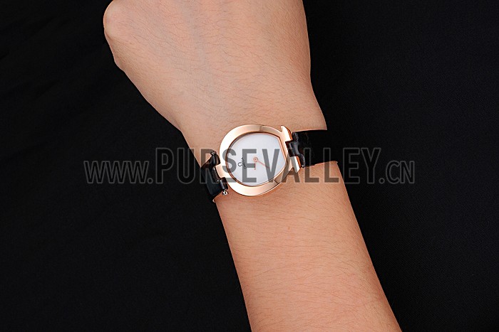 Omega Ladies Watch White Dial Gold Case Black Leather Strap 622820