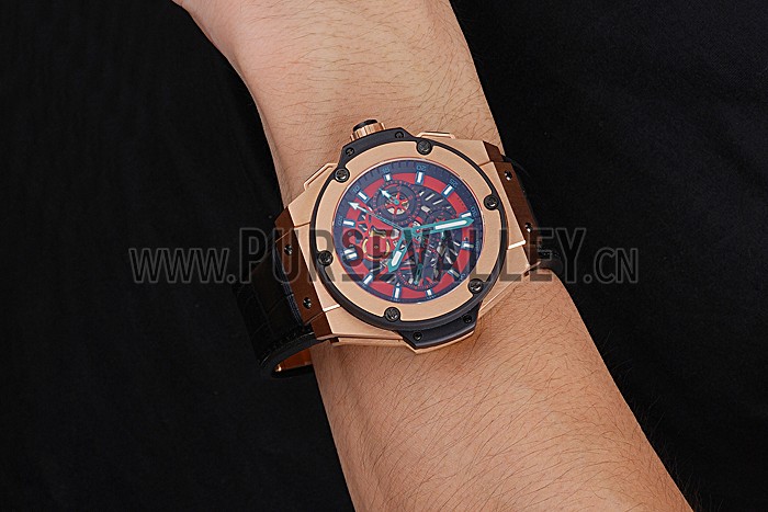 Swiss Hublot Big Bang Limited Edition Black And Red Dial Gold Case Black Leather Strap 62289