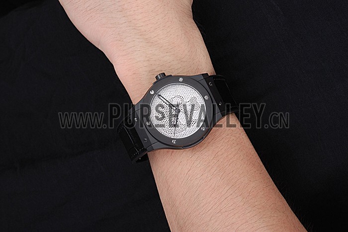 Hublot Classic Fusion Diamond Skull Dial Black Steel Case Black Leather Strap 622815