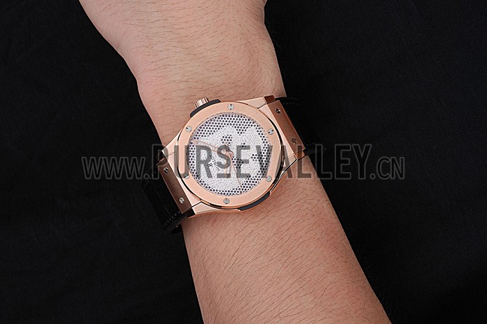 Hublot Classic Fusion Diamond Skull Dial Gold Case Black Leather Strap 622816