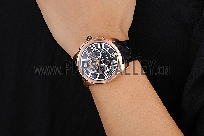 Cartier Calibre Tourbillon Black Dial Gold Case Black Leather Strap 622754