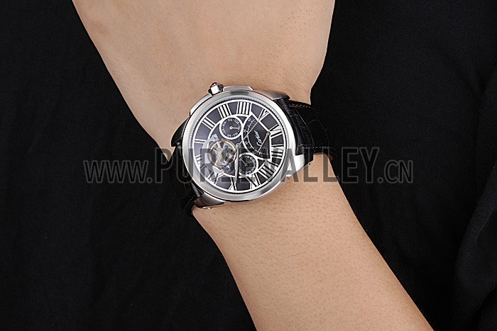 Cartier Calibre Tourbillon Black Dial Stainless Steel Case Black Leather Strap 622752