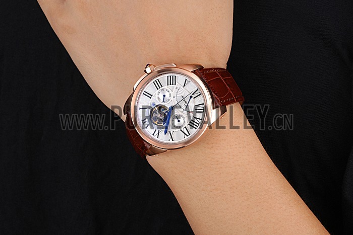 Cartier Calibre Tourbillon White Dial Gold Case Brown Leather Strap 622753