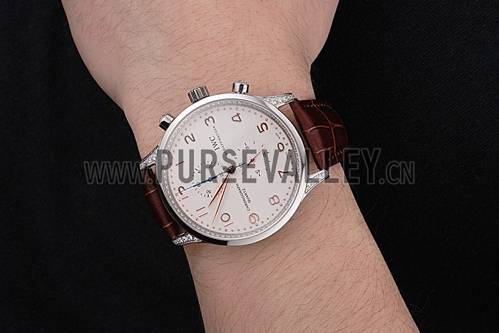 IWC Portugieser Chronograph White Dial Rose Gold Hands And Numerals Steel Case With Diamonds Brown Leather Strap