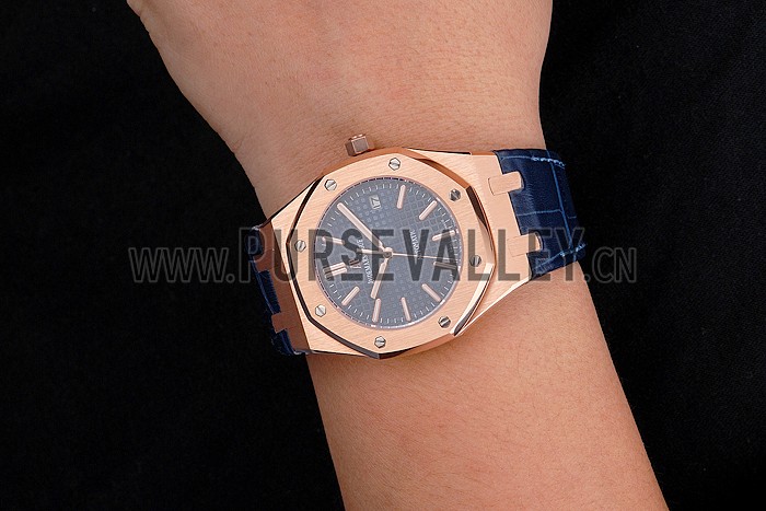 Swiss Audemars Piguet Royal Oak Blue Dial Gold Case Blue Leather Strap