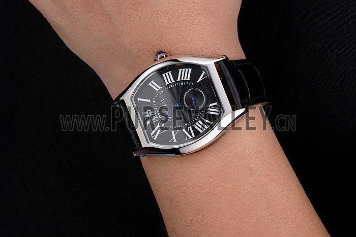 Cartier Tortue Large Date Black Dial Stainless Steel Case Black Leather Strap