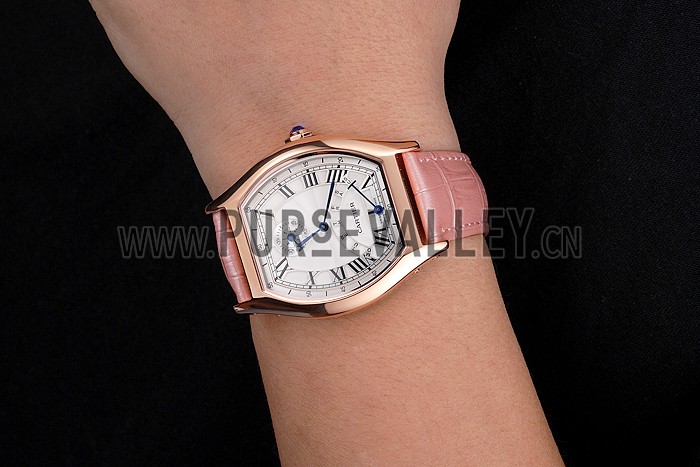 Cartier Tortue Perpetual Calendar White Dial Gold Case Pink Leather Strap