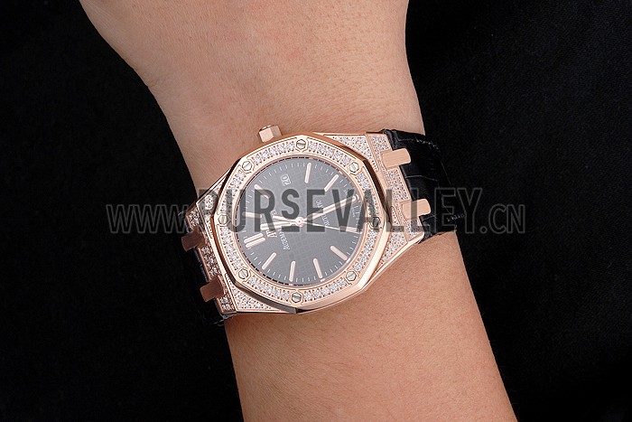 Swiss Audemars Piguet Royal Oak Black Dial Gold Case With Diamonds Black Leather Strap