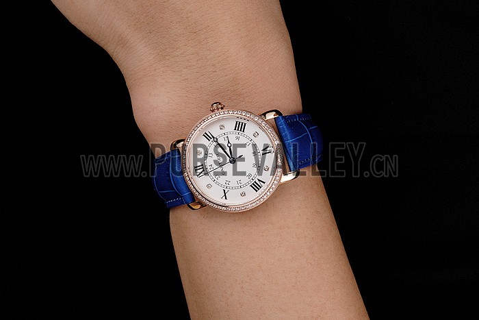 Cartier Ronde White Dial Diamond Bezel Rose Gold Case Blue Leather Strap