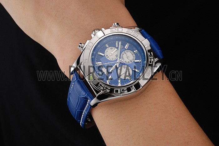 Breitling Chronomat Patrouille De France Blue Dial Stainless Steel Case Blue Leather Strap