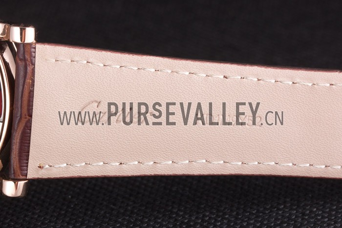 Cartier Luxury Skeleton Watch with Rose Gold Bezel and Brown Leather Band 621557