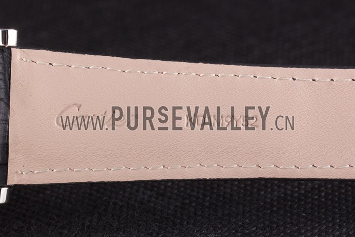 Cartier Luxury Skeleton Watch with Silver Bezel and Black Leather Band 621559