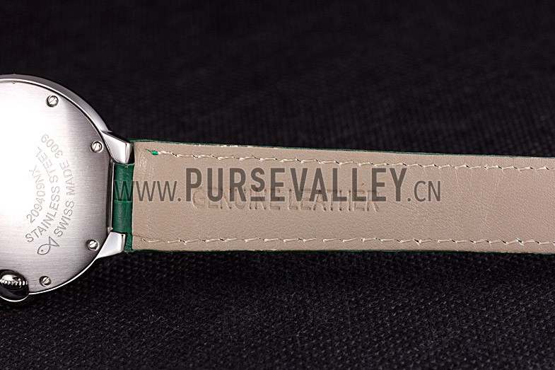 Cartier Ballon Bleu Silver Bezel with Pearl Dial Green Leather Band 621552