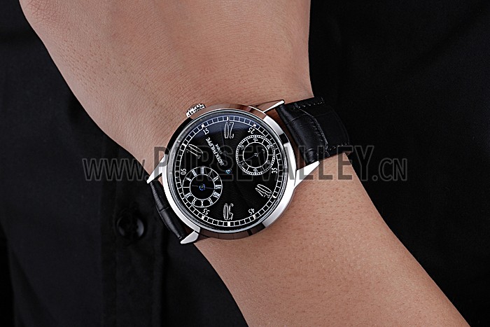 Patek Philippe Geneve Two Dial Black Dial Stainless Steel Bezel Black Leather Band 622145