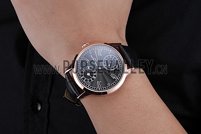 Patek Philippe Geneve Two Dial Black Dial Rose Gold Bezel Black Leather Band 622146