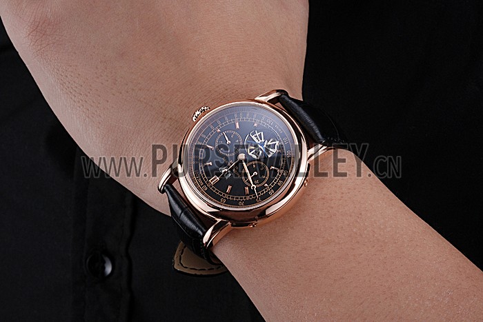 Patek Philippe Geneve Grand Complications Black Dial Tourbillon Rose Gold Bezel Black Band 622157