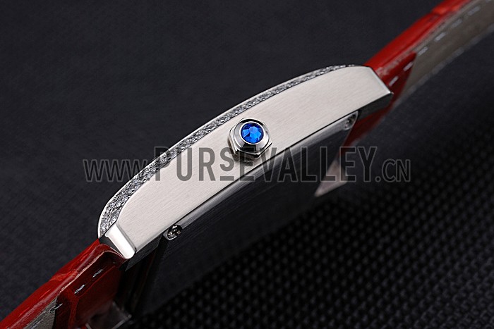 Cartier Tank MC Stainless Steel Diamond Case White Dial Red Leather Strap 622173
