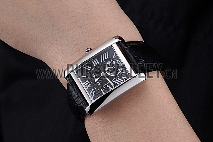 Cartier Tank MC Stainless Steel Case Black Dial Black Leather Strap 622174