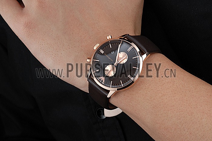 Emporio Armani Classic Chronograph Black Dial Rose Gold Case Black Leather Bracelet 622333