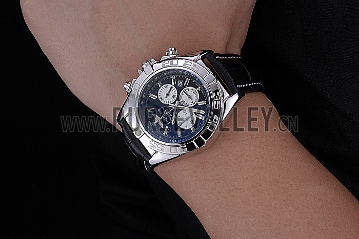 Breitling Chronomat 44 Black Dial with White Subdials Black Leather Bracelet 622511