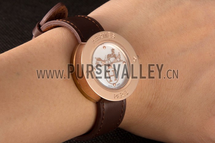 Hermes Classic MOP Dial Brown Leather Bracelet 801389