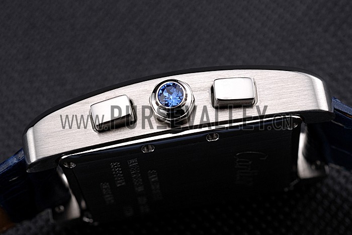 Cartier Tank MC Blue Dial Stainless Steel Case Blue Leather Bracelet 622691