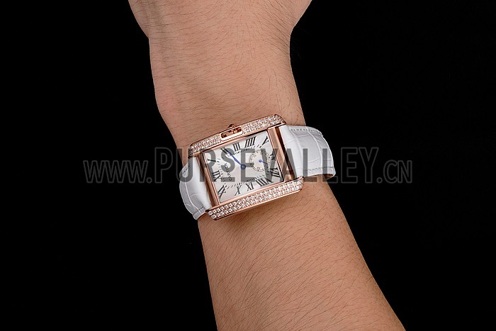 Cartier Tank MC Gold Diamond Case White Dial White Leather Strap 622169