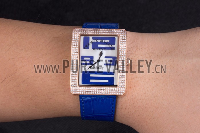 Franck Muller Infinity Diamond Encrusted Rose Gold Bezel Blue Croco Bracelet 80277