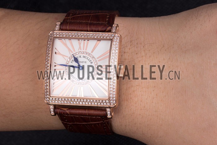 Franck Muller Master Square Diamond Encrusted Rose Gold Bezel Brown Croco Bracelet 80283