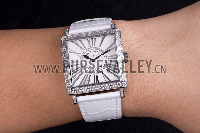 Franck Muller Master Square Diamond Encrusted Stainless Steel Bezel White Croco Bracelet 80284