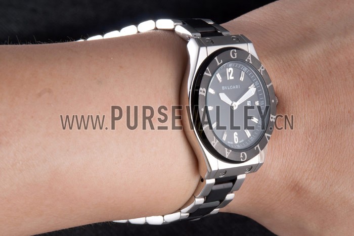 Bvlgari Diagono 40mm Black Dial Steel Case Black Bezel Two Tone Bracelet