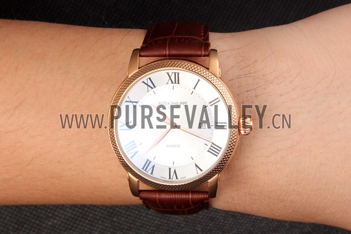 Patek Philipe Calatrava Roze Gold Ribbed Bezel Brown Leather Bracelet 801434