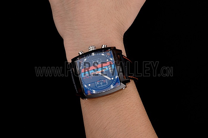 Tag Heuer Monaco Calibre 36 Blue And Orange Stripes Dial Black Leather Strap 622302