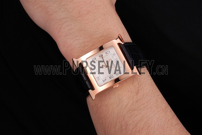Hermes Heure H White Dial Gold Case Black Leather Strap