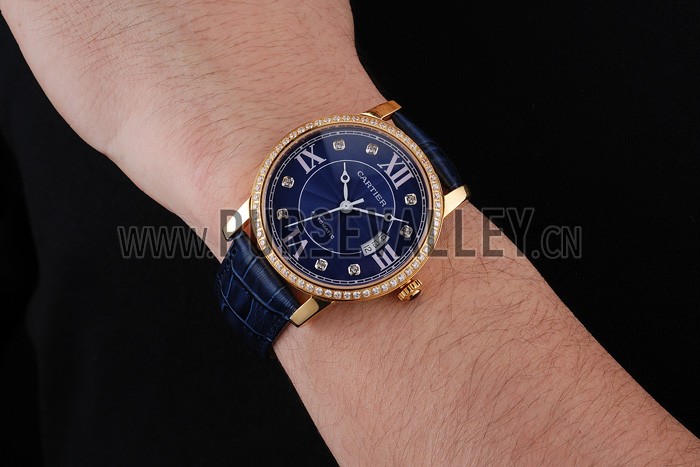 Swiss Cartier Ronde Solo Blue Dial Gold Diamond Case Blue Leather Strap