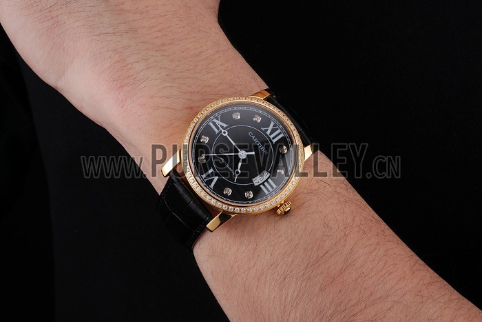 Swiss Cartier Ronde Solo Black Dial Gold Diamond Case Black Leather Strap