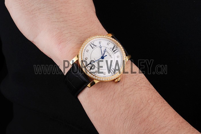 Swiss Cartier Ronde Solo White Dial Gold Diamond Case Black Leather Strap