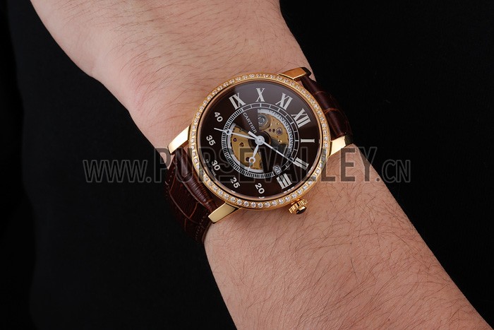 Swiss Cartier Rotonde Small Complication Brown Dial Gold Diamond Case Brown Leather Strap
