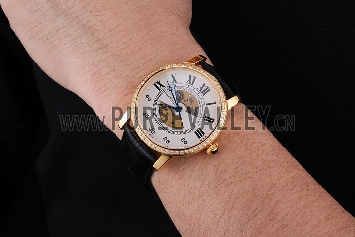Swiss Cartier Rotonde Small Complication White Dial Gold Diamond Case Black Leather Strap