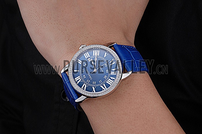Swiss Cartier Ronde Solo Stainless Steel Diamond Case Blue Dial Roman Numerals 622197