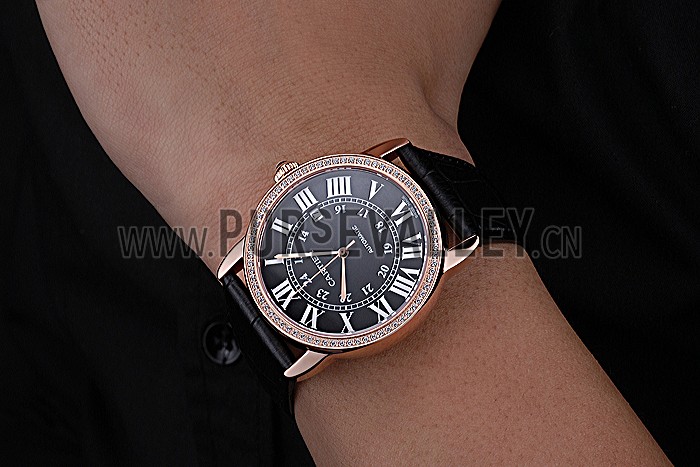 Swiss Cartier Ronde Solo Gold Diamond Case Black Dial Roman Numerals 622207