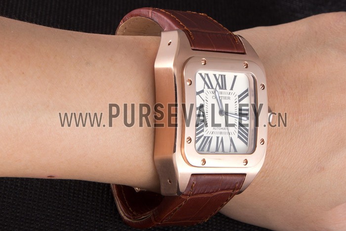 Swiss Cartier Santos Rose Gold with Brown Leather Strap 621522