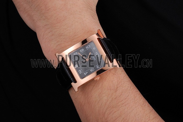 Hermes Heure H Black Dial Gold Case Black Leather Strap
