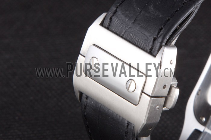 Swiss Cartier Santos Silver Bezel with Diamonds and Black Leather Strap sct44 621528