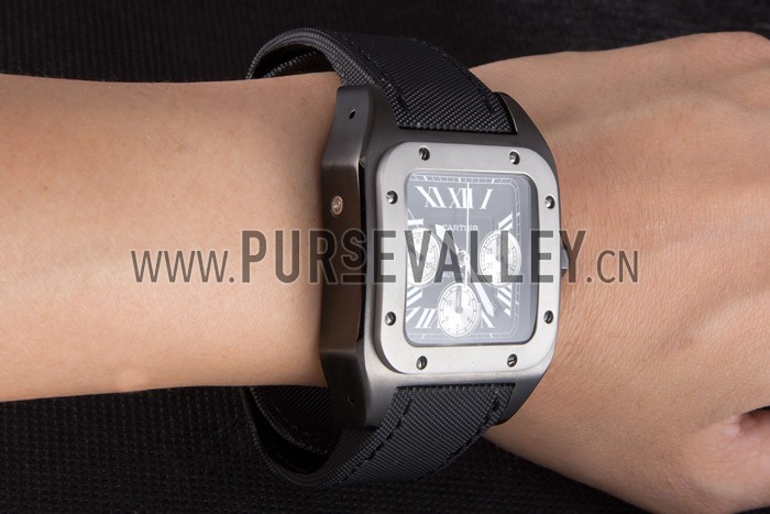 Swiss Cartier Santos Two Tone Bezel with Black Dial and Black Fabric Strap 621525